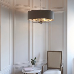 Highclere - Bright Nickel 6 Light Pendant with Charcoal Linen Shade Highclere - Bright Nickel 6 Light Pendant with Charcoal Linen Shade