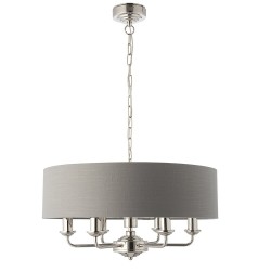 Highclere - Bright Nickel 6 Light Pendant with Charcoal Linen Shade Highclere - Bright Nickel 6 Light Pendant with Charcoal Linen Shade