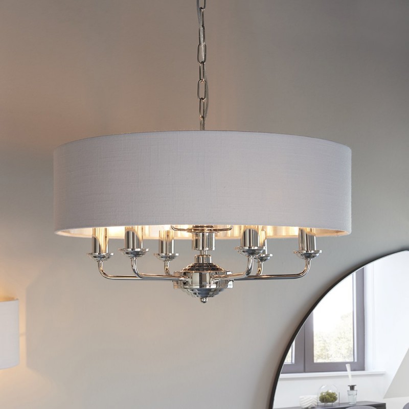 Ceiling Lights - Highclere - Silver Linen & Bright Nickel 6 Light Pendant Endon-94392 - Highclere - Silver Linen & Bright Nickel 6 Light Pendant