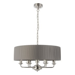 Highclere - Bright Nickel 6 Light Pendant with Wrapped Charcoal Shade Highclere - Bright Nickel 6 Light Pendant with Wrapped Charcoal Shade