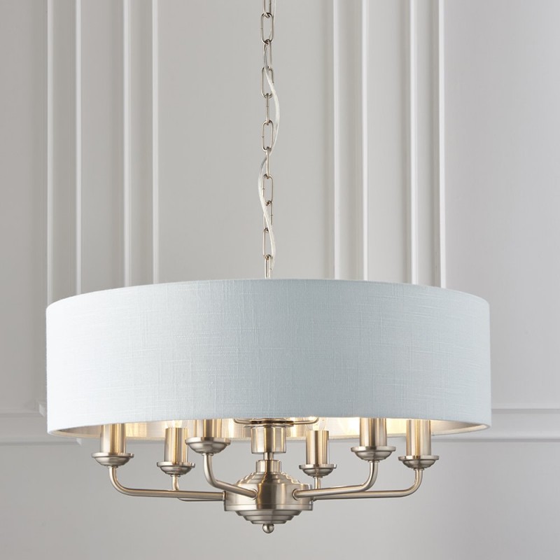 Ceiling Lights - Highclere - Duck Egg Linen & Brushed Chrome 6 Light Pendant Endon-94400 - Highclere - Duck Egg Linen & Brushed Chrome 6 Light Pendant