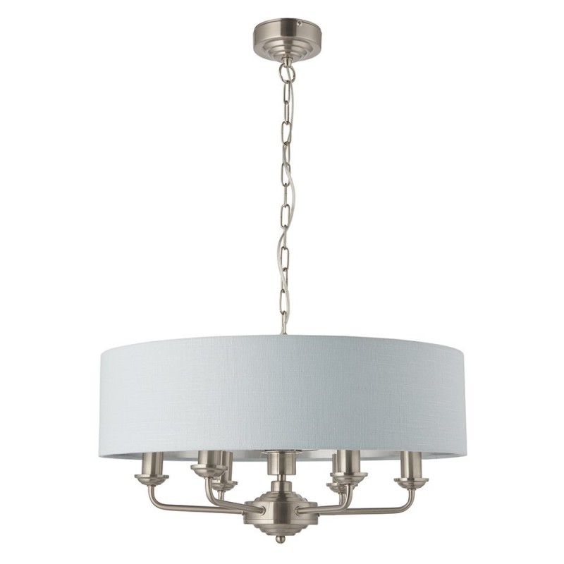 Ceiling Lights - Highclere - Duck Egg Linen & Brushed Chrome 6 Light Pendant Endon-94400 - Highclere - Duck Egg Linen & Brushed Chrome 6 Light Pendant