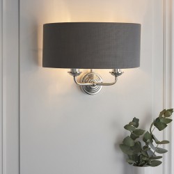 Highclere - Bright Nickel Twin Wall Lamp with Charcoal Linen Shade Highclere - Bright Nickel Twin Wall Lamp with Charcoal Linen Shade