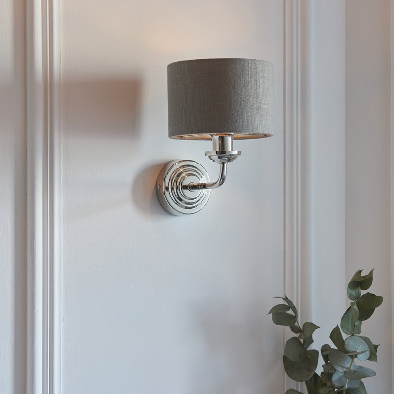 Wall Lights - Highclere - Charcoal Linen & Bright Nickel Single Wall Lamp Endon-94408 - Highclere - Charcoal Linen & Bright Nickel Single Wall Lamp