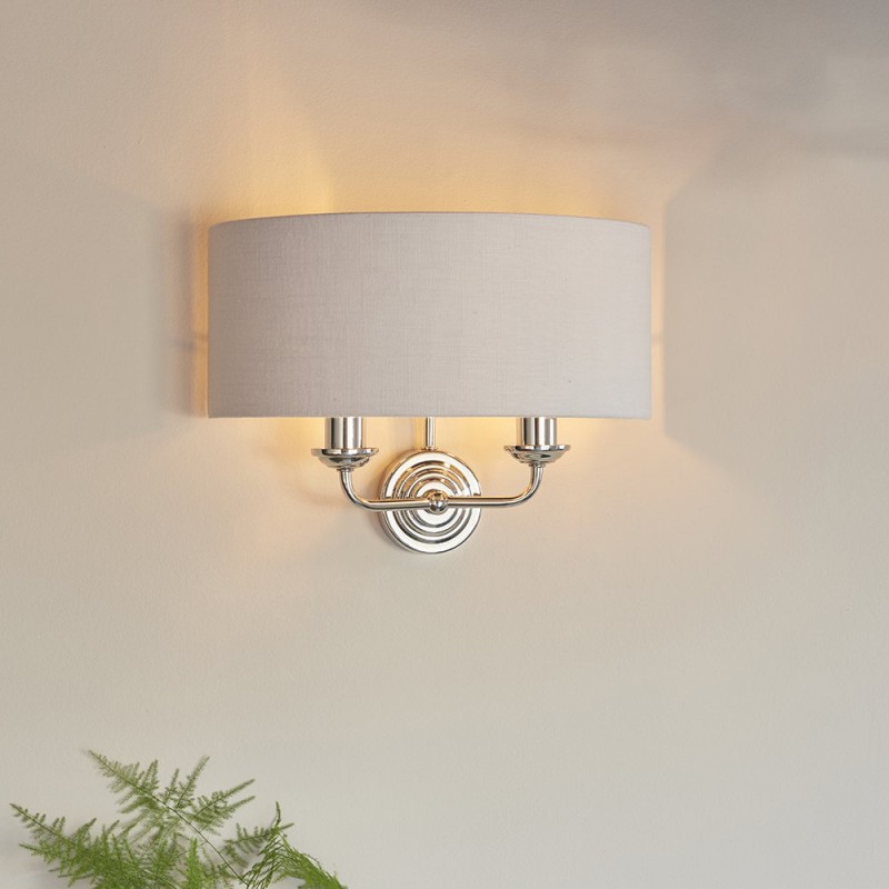Wall Lights - Highclere - Silver Linen & Bright Nickel Twin Wall Lamp Endon-94409 - Highclere - Silver Linen & Bright Nickel Twin Wall Lamp