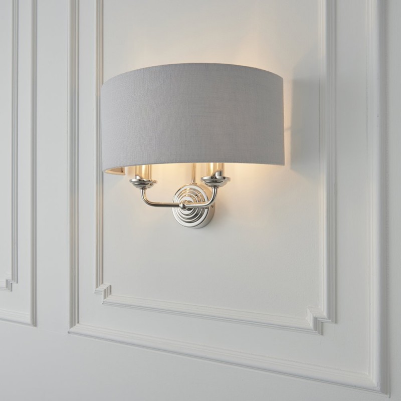 Wall Lights - Highclere - Silver Linen & Bright Nickel Twin Wall Lamp Endon-94409 - Highclere - Silver Linen & Bright Nickel Twin Wall Lamp