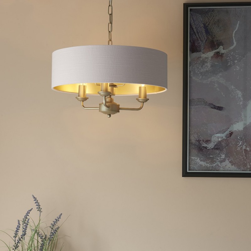 Ceiling Lights - Highclere - Pink Linen & Champagne 3 Light Pendant Endon-94410 - Highclere - Pink Linen & Champagne 3 Light Pendant
