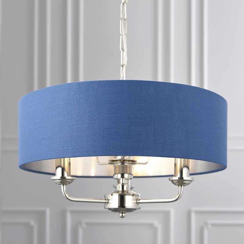 Ceiling Lights - Highclere - Blue Linen & Bright Nickel 3 Light Pendant Endon-94414 - Highclere - Blue Linen & Bright Nickel 3 Light Pendant
