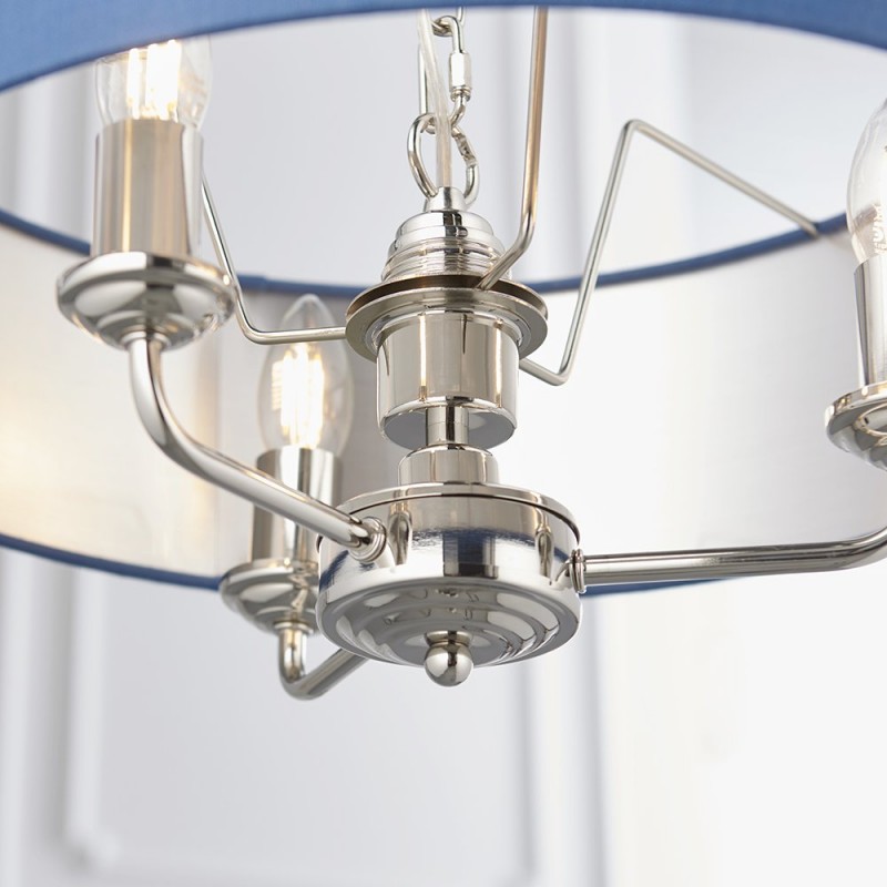 Ceiling Lights - Highclere - Blue Linen & Bright Nickel 3 Light Pendant Endon-94414 - Highclere - Blue Linen & Bright Nickel 3 Light Pendant