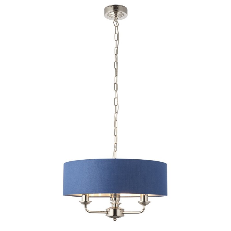 Ceiling Lights - Highclere - Blue Linen & Bright Nickel 3 Light Pendant Endon-94414 - Highclere - Blue Linen & Bright Nickel 3 Light Pendant