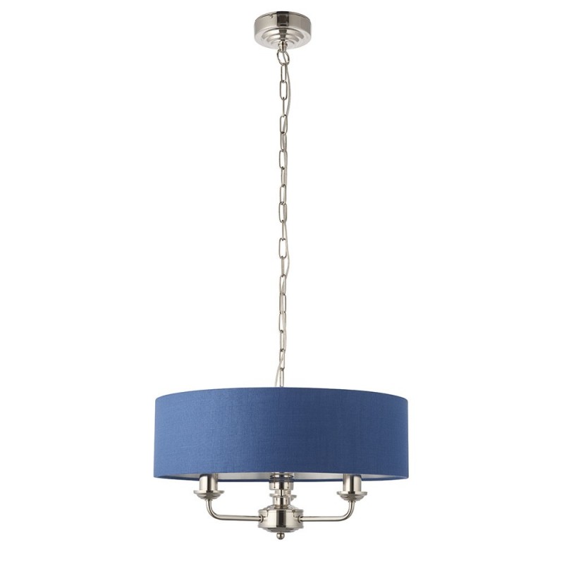 Ceiling Lights - Highclere - Blue Linen & Bright Nickel 3 Light Pendant Endon-94414 - Highclere - Blue Linen & Bright Nickel 3 Light Pendant