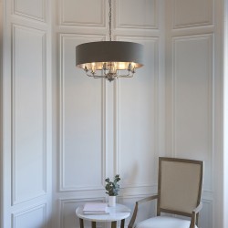Highclere - Bright Nickel 8 Light Pendant with Charcoal Linen Shade Highclere - Bright Nickel 8 Light Pendant with Charcoal Linen Shade