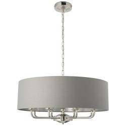Highclere - Bright Nickel 8 Light Pendant with Charcoal Linen Shade Highclere - Bright Nickel 8 Light Pendant with Charcoal Linen Shade