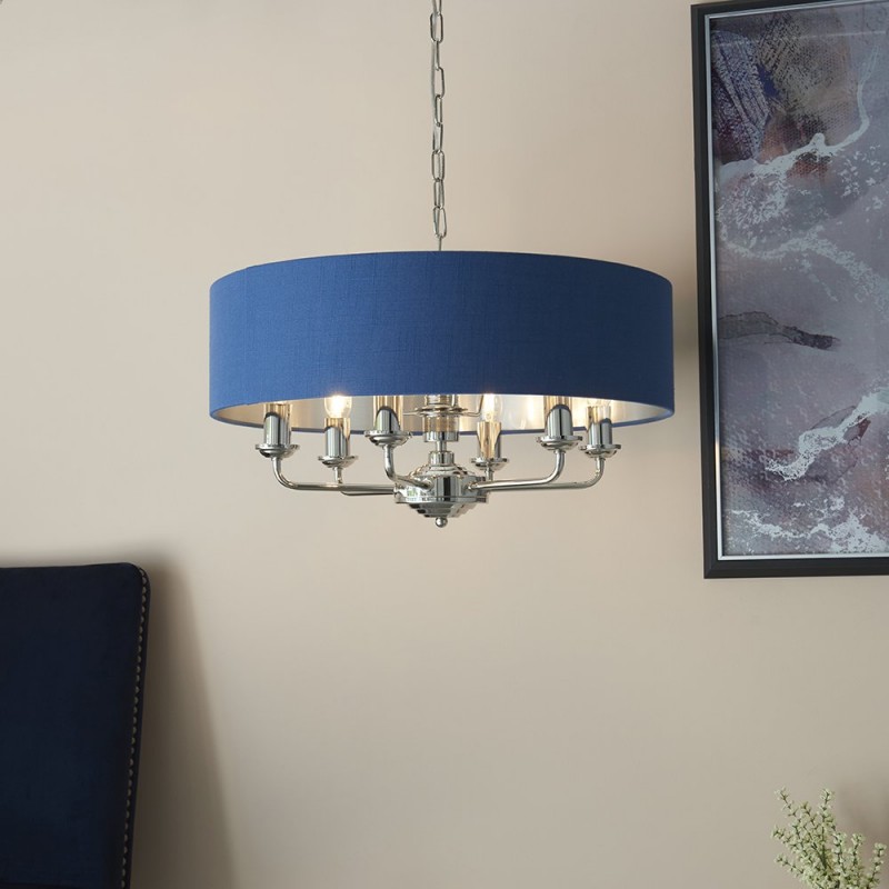 Ceiling Lights - Highclere - Blue Linen & Bright Nickel 6 Light Pendant Endon-94416 - Highclere - Blue Linen & Bright Nickel 6 Light Pendant
