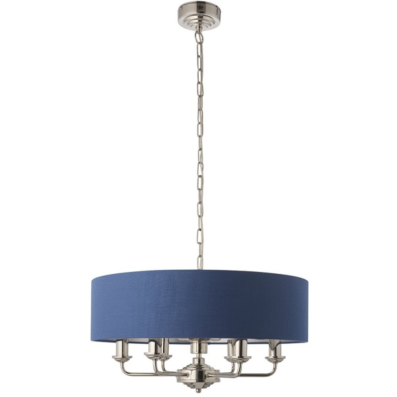 Ceiling Lights - Highclere - Blue Linen & Bright Nickel 6 Light Pendant Endon-94416 - Highclere - Blue Linen & Bright Nickel 6 Light Pendant