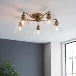 Hansen - Antique Brass 5 Light Semi Flush with Clear Glasses Hansen - Antique Brass 5 Light Semi Flush with Clear Glasses