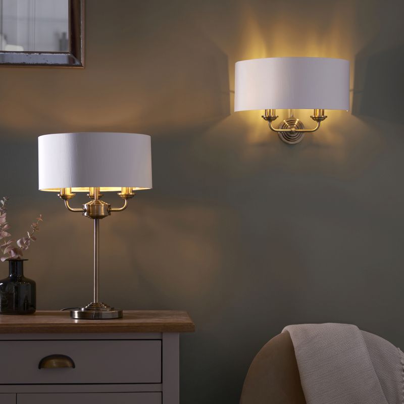 Endon-98932 - Highclere - Antique Brass 3 Light Table Lamp with Vintage White Shade