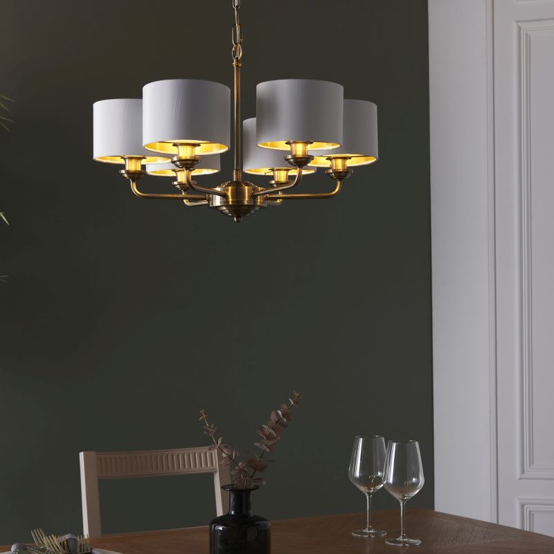 Endon-98936 - Highclere - Antique Brass 6 Light Pendant with Vintage White Shade