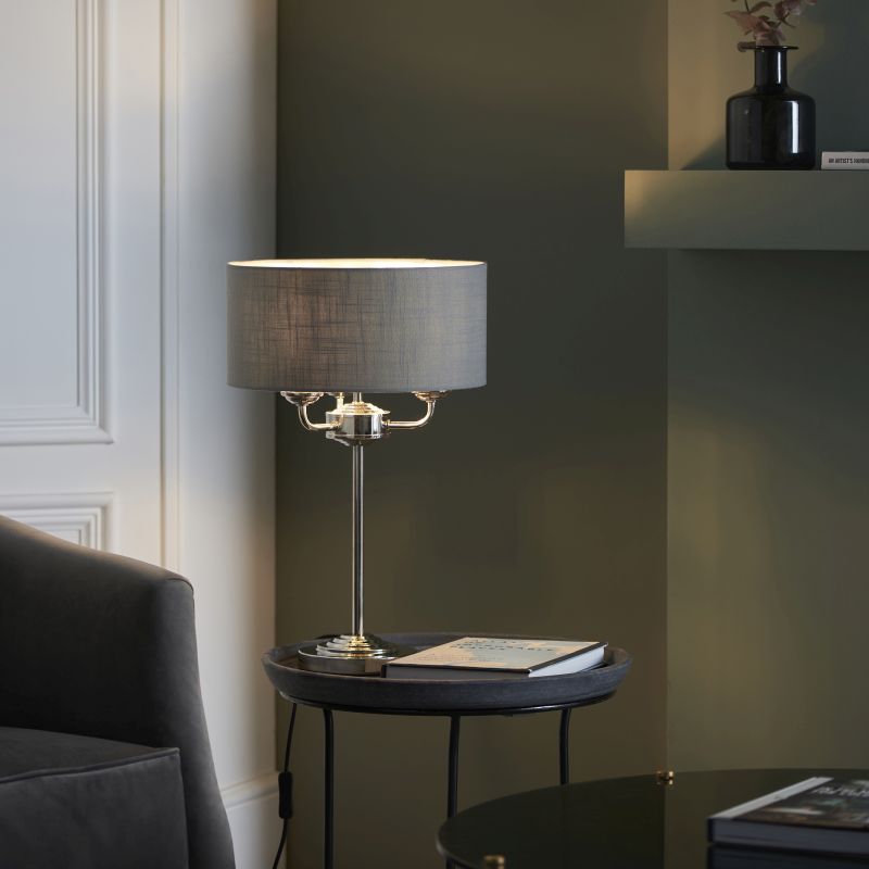 Endon-99149 - Highclere - Charcoal Linen & Bright Nickel 3 Light Table Lamp
