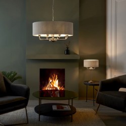 Highclere - Brushed Chrome 8 Light Pendant with Natural Linen Shade Highclere - Brushed Chrome 8 Light Pendant with Natural Linen Shade