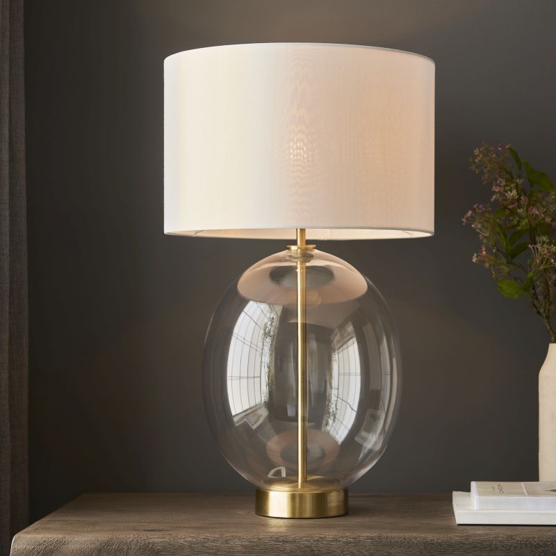 Endon-99292 - Kelda - Satin Brass & Clear Glass Touch Table Lamp with Vintage White Shade