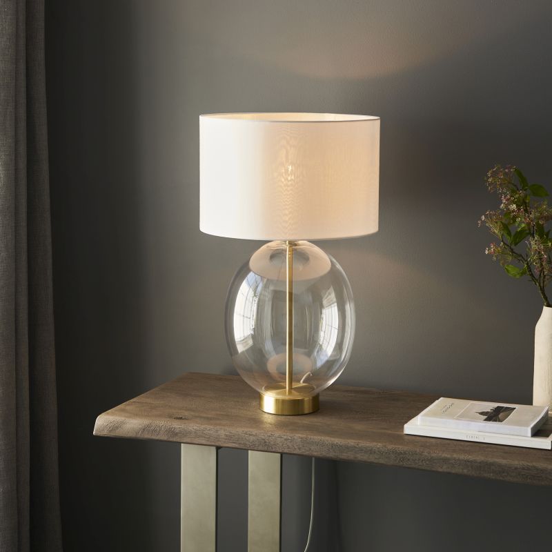 Endon-99292 - Kelda - Satin Brass & Clear Glass Touch Table Lamp with Vintage White Shade