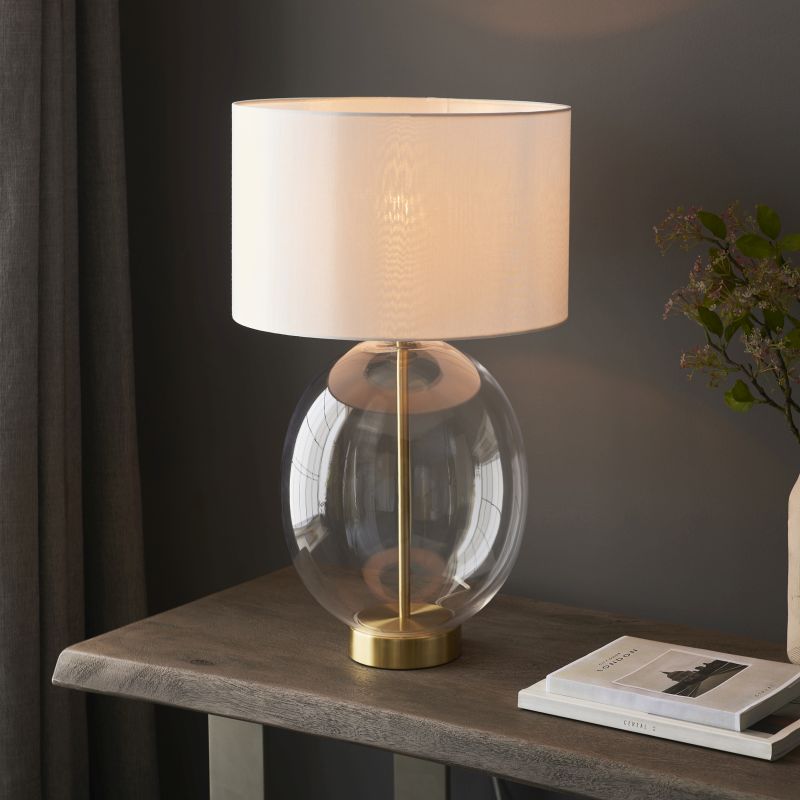 Endon-99292 - Kelda - Satin Brass & Clear Glass Touch Table Lamp with Vintage White Shade