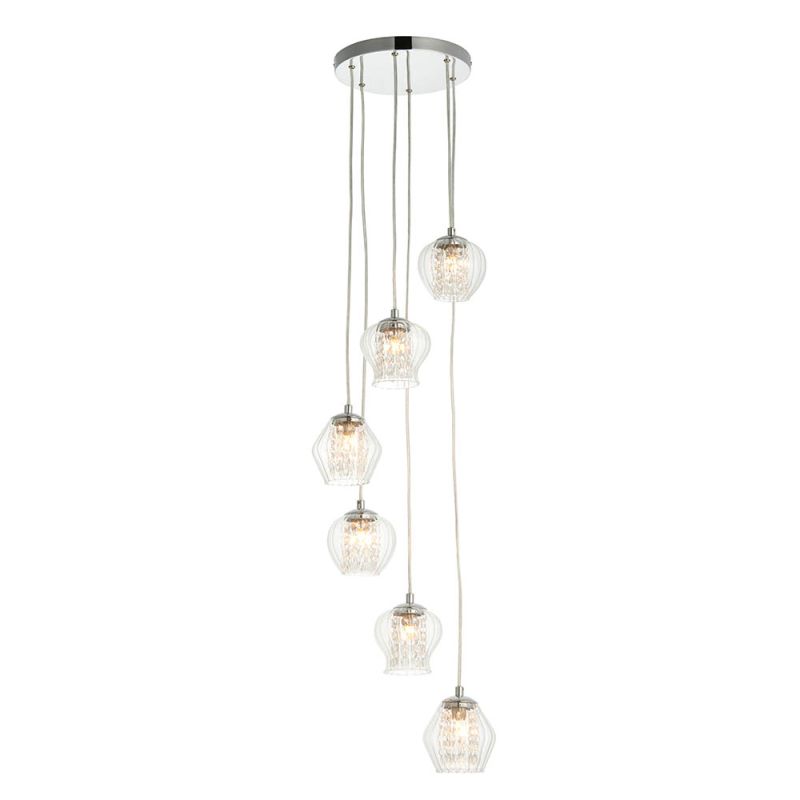 Endon-99607 - Mesmer - Ribbed Glass with Crystal & Chrome 6 Light Cluster Pendant