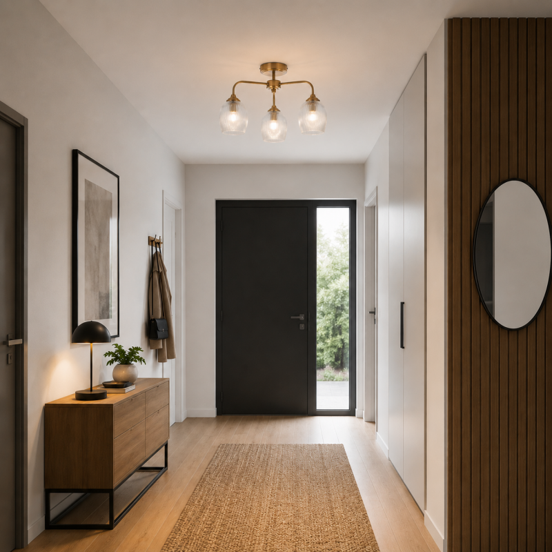 Endon-120617 - Ashcroft Ribbed - Brushed Aged Brass 3 Light Semi Flush with Clear Ribbed Glass