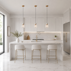 Travi Ribbed - White Volakas Marble Pendant with Clear Ribbed Glass