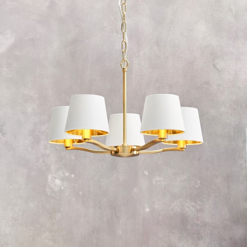 Ceiling Lights - Harvey - Vintage White & Satin Gold 5 Light Centre Fitting Endon-Collection-67734 - Harvey - Vintage White & Satin Gold 5 Light Centre Fitting