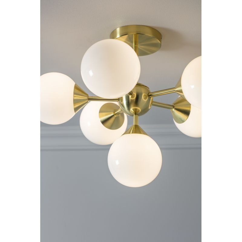 Ceiling Lights - Oscar - Gloss White Glass & Brushed Gold 6 Light Semi Flush Endon-Collection-76501 - Oscar - Gloss White Glass & Brushed Gold 6 Light Semi Flush