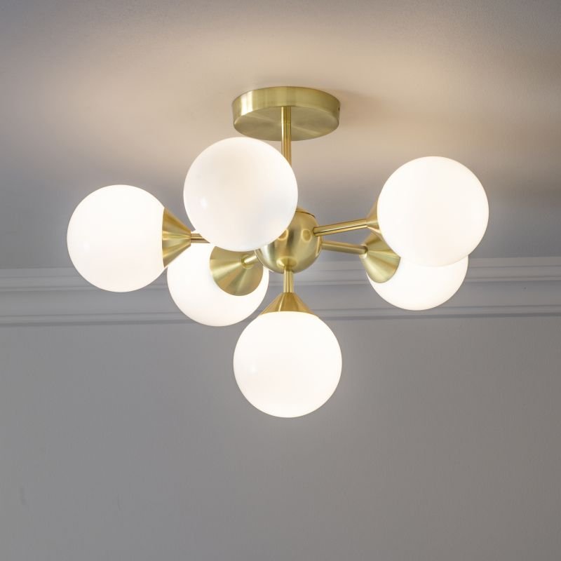 Ceiling Lights - Oscar - Gloss White Glass & Brushed Gold 6 Light Semi Flush Endon-Collection-76501 - Oscar - Gloss White Glass & Brushed Gold 6 Light Semi Flush
