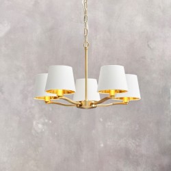 Harvey - Brushed Satin Gold 5 Light Centre Fitting with Vintage White Shades Harvey - Brushed Satin Gold 5 Light Centre Fitting with Vintage White Shades
