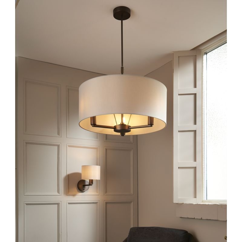 Endon-73015 - Daley - Antique Bronze 3 Light Pendant with Faux Silk Shade