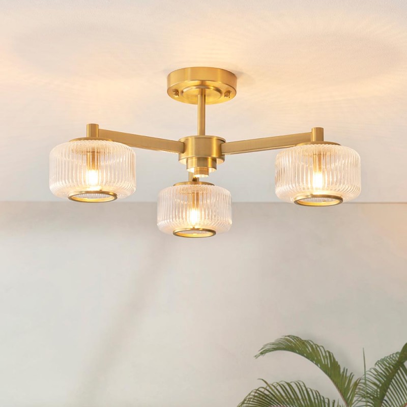 - Stamford - Brushed Aged Brass 3 Light Centre Fitting with Clear Ribbed Glass Endon-120634 - Stamford - Brushed Aged Brass 3 Light Centre Fitting with Clear Ribbed Glass
