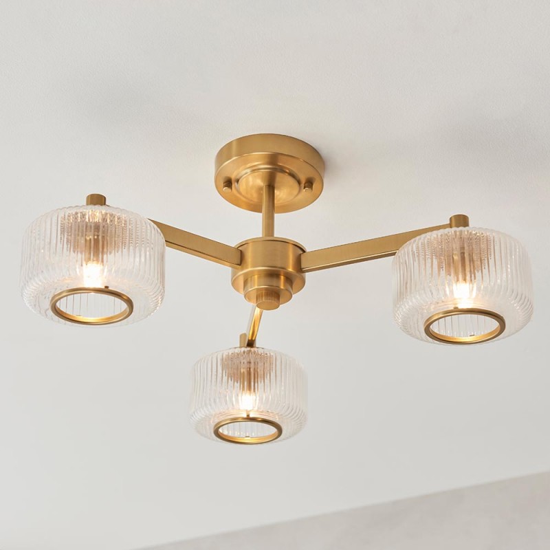 - Stamford - Brushed Aged Brass 3 Light Centre Fitting with Clear Ribbed Glass Endon-120634 - Stamford - Brushed Aged Brass 3 Light Centre Fitting with Clear Ribbed Glass