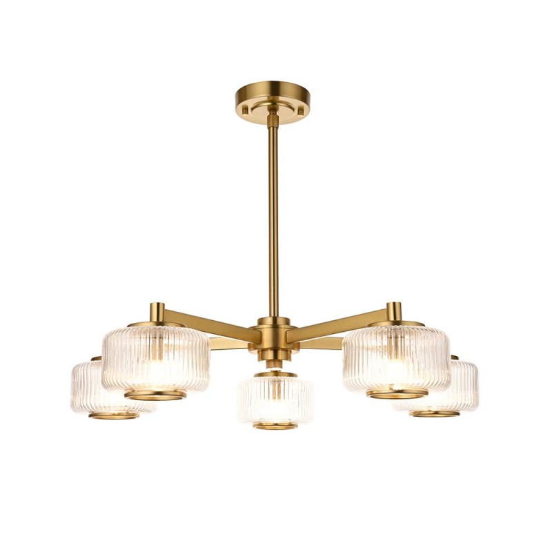 - Stamford - Brushed Aged Brass 5 Light Centre Fitting with Clear Ribbed Glass Endon-120635 - Stamford - Brushed Aged Brass 5 Light Centre Fitting with Clear Ribbed Glass