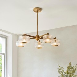 Stamford - Brushed Aged Brass 5 Light Centre Fitting with Clear Ribbed Glass Stamford - Brushed Aged Brass 5 Light Centre Fitting with Clear Ribbed Glass