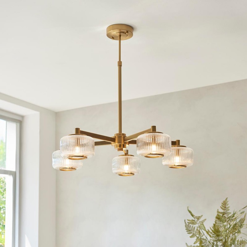 - Stamford - Brushed Aged Brass 5 Light Centre Fitting with Clear Ribbed Glass Endon-120635 - Stamford - Brushed Aged Brass 5 Light Centre Fitting with Clear Ribbed Glass