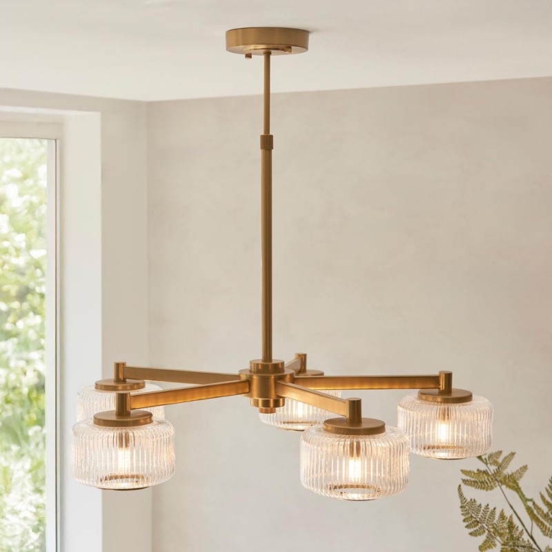 - Stamford - Brushed Aged Brass 5 Light Centre Fitting with Clear Ribbed Glass Endon-120635 - Stamford - Brushed Aged Brass 5 Light Centre Fitting with Clear Ribbed Glass