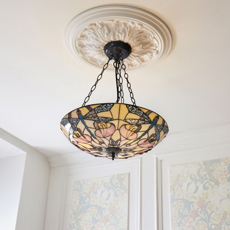 Interiors1900-111869 - Ashton - Satin Black 3 Light Pendant with Tiffany Glass