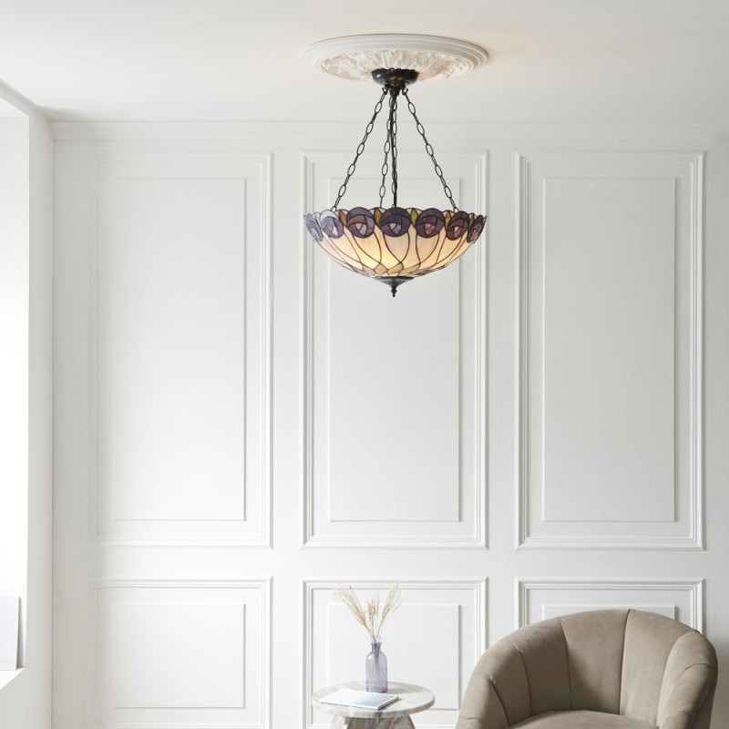 Interiors1900-111872 - Hutchinson - Satin Black 3 Light Pendant with Tiffany Glass