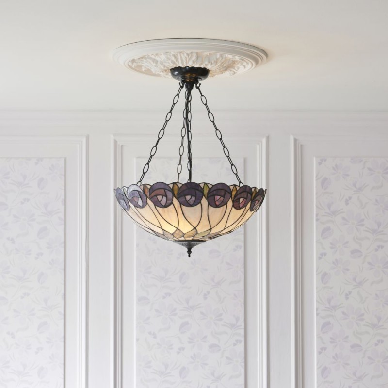 Interiors1900-111872 - Hutchinson - Satin Black 3 Light Pendant with Tiffany Glass