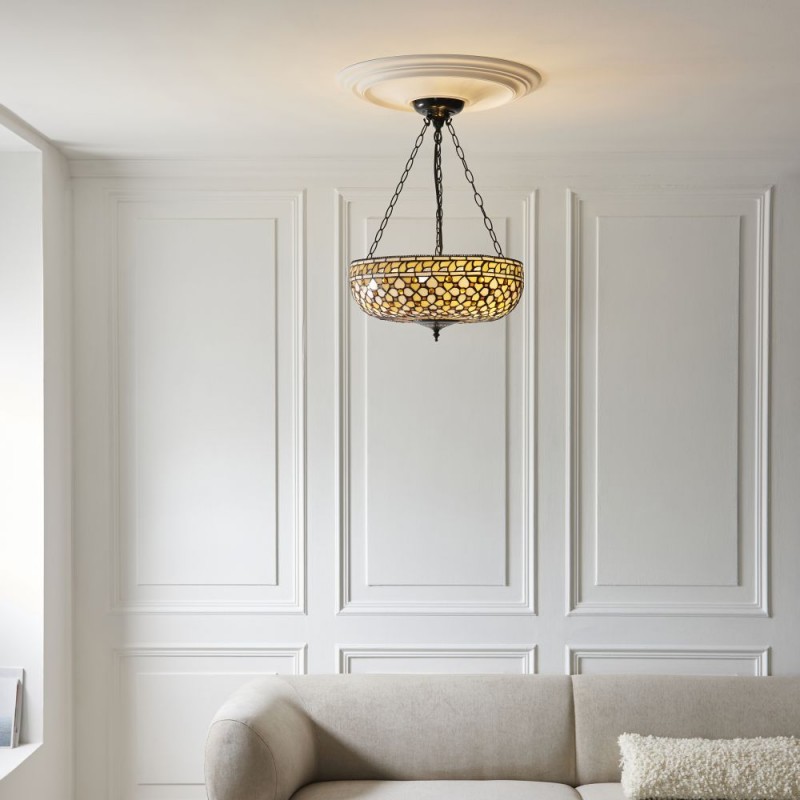 Interiors1900-111882 - Mille Feux - Satin Black 3 Light Pendant with Tiffany Glass