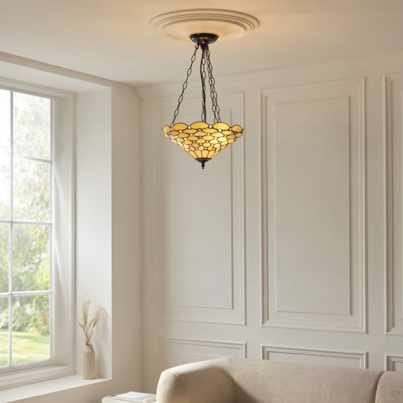 Interiors1900-111884 - Pearl - Satin Black 3 Light Pendant with Tiffany Glass