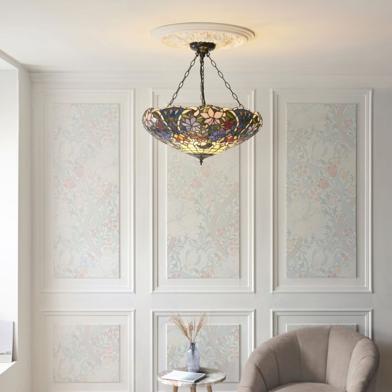 Interiors1900-111887 - Sullivan - Satin Black 3 Light Pendant with Tiffany Glass