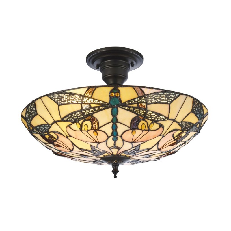 Interiors1900-111892 - Ashton - Satin Black 3 Light Semi Flush with Tiffany Glass