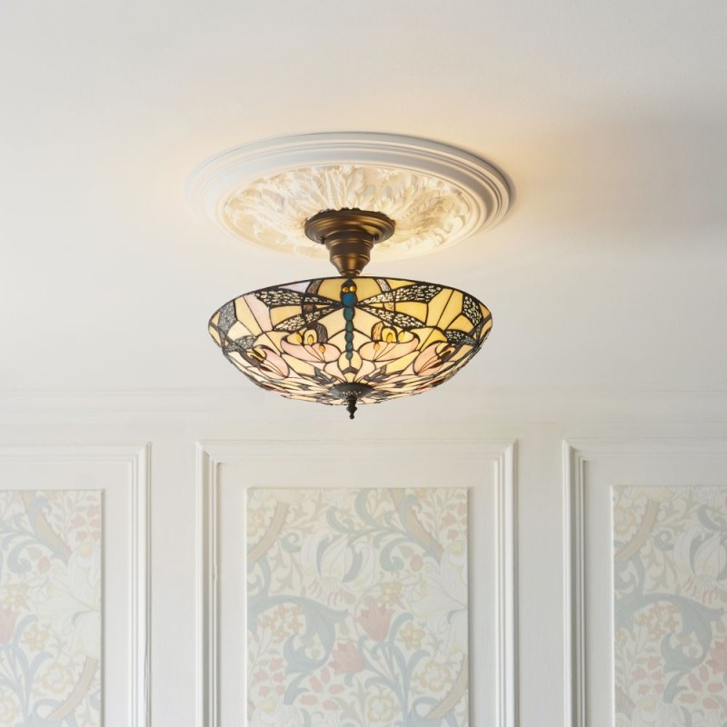 Interiors1900-111892 - Ashton - Satin Black 3 Light Semi Flush with Tiffany Glass