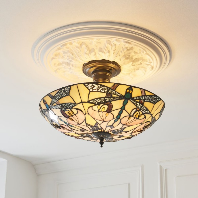 Interiors1900-111892 - Ashton - Satin Black 3 Light Semi Flush with Tiffany Glass